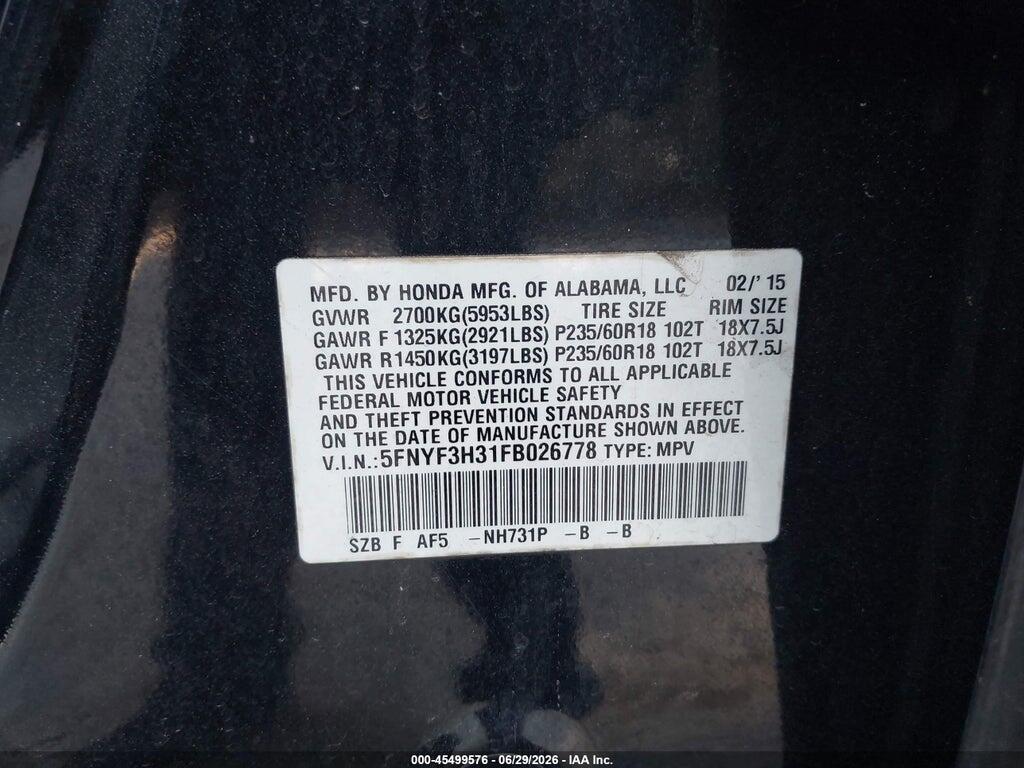 5FNYF3H31FB026778 2015 HONDA PILOT photo no. 9