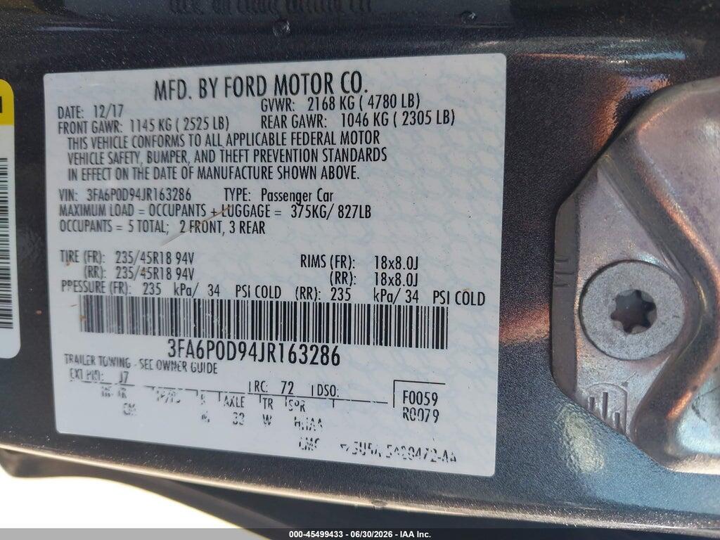 3FA6P0D94JR163286 2018 FORD FUSION photo no. 9