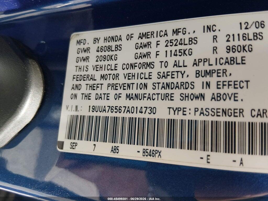 19UUA76567A014730 2007 ACURA TL photo no. 9