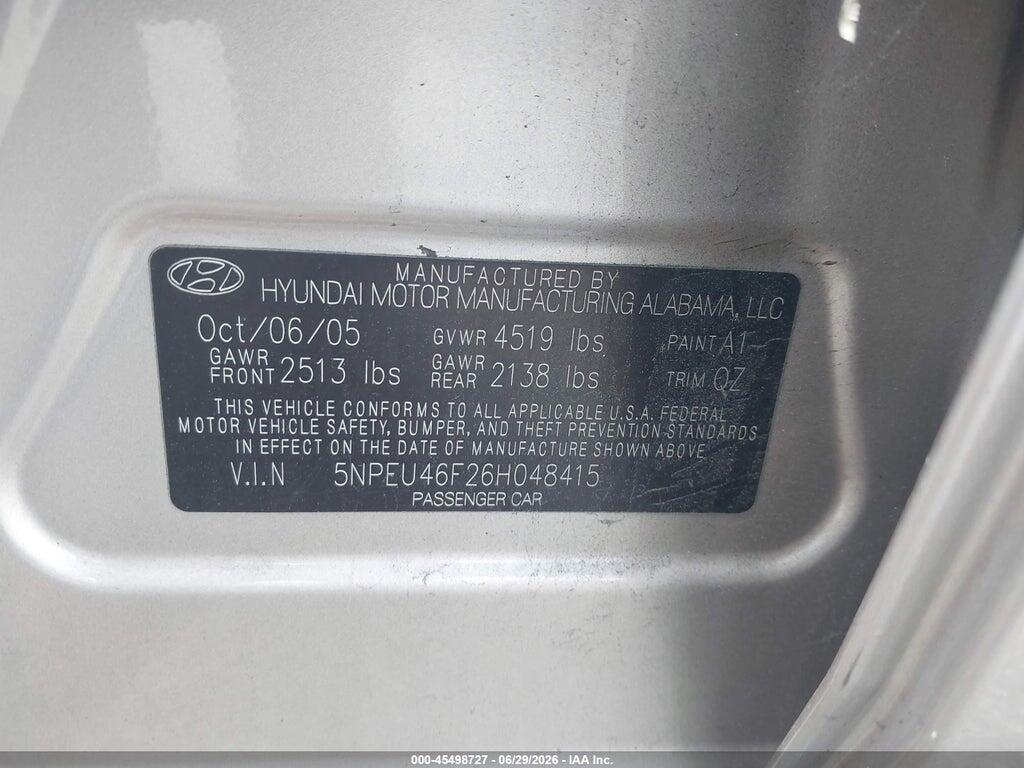 5NPEU46F26H048415 2006 HYUNDAI SONATA photo no. 9