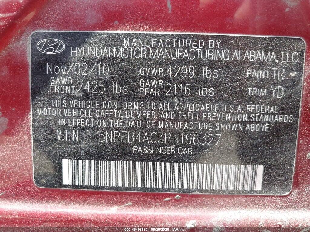 5NPEB4AC3BH196327 2011 HYUNDAI SONATA photo no. 9