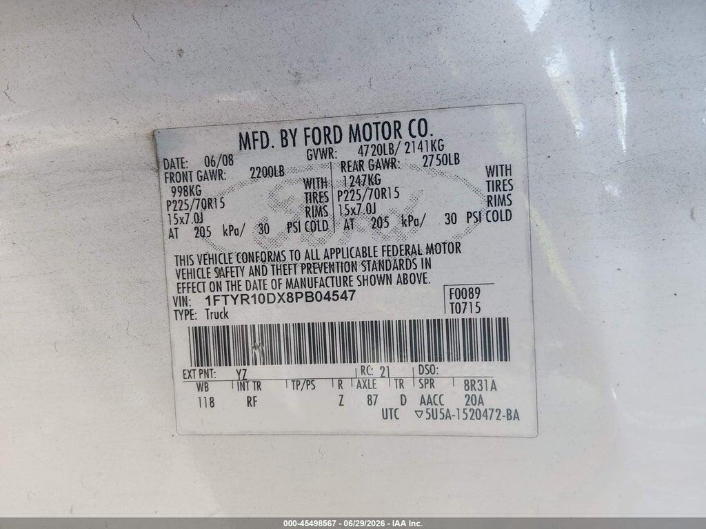 1FTYR10DX8PB04547 2008 FORD RANGER photo no. 9