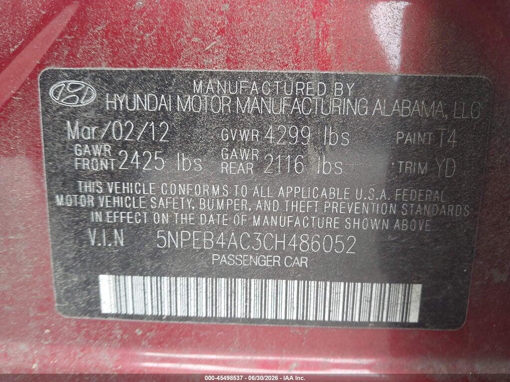 5NPEB4AC3CH486052 2012 HYUNDAI SONATA photo no. 9