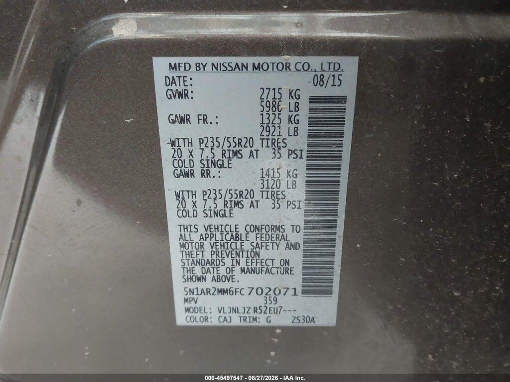 5N1AR2MM6FC702071 2015 NISSAN PATHFINDER photo no. 9