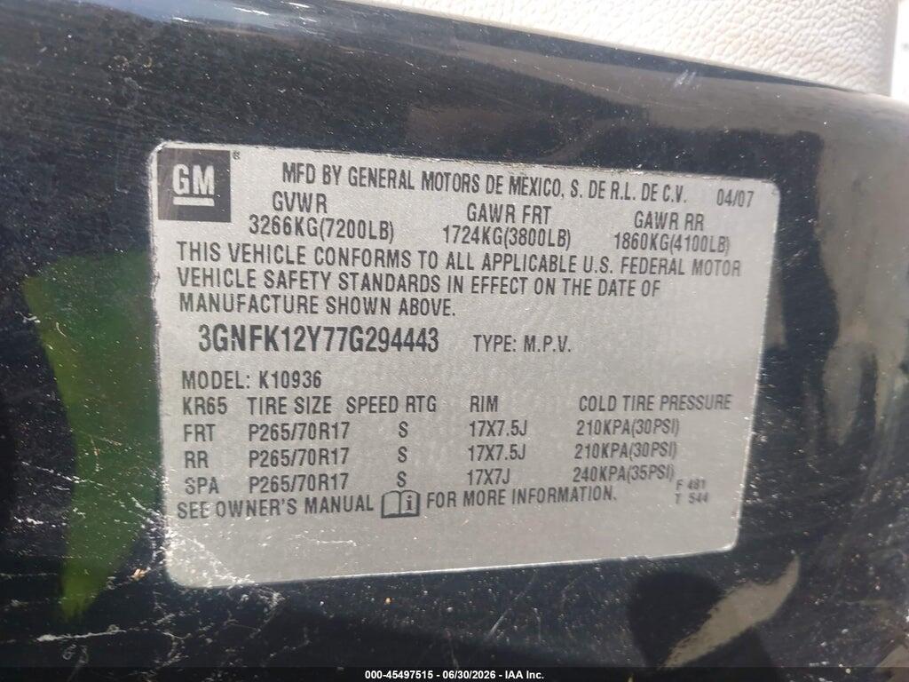 3GNFK12Y77G294443 2007 CHEVROLET AVALANCHE 1500 photo no. 9