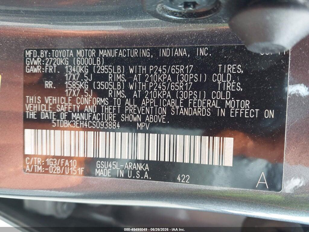 5TDBK3EH4CS093884 2012 TOYOTA HIGHLANDER photo no. 9
