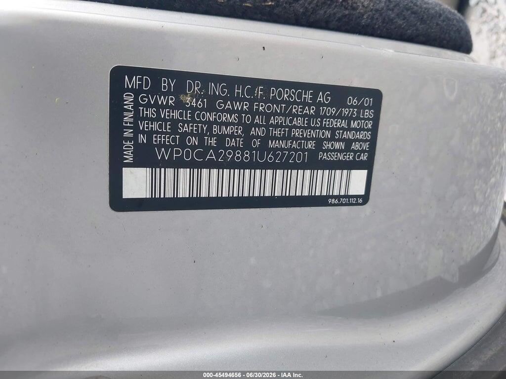 WP0CA29881U627201 2001 PORSCHE BOXSTER photo no. 9