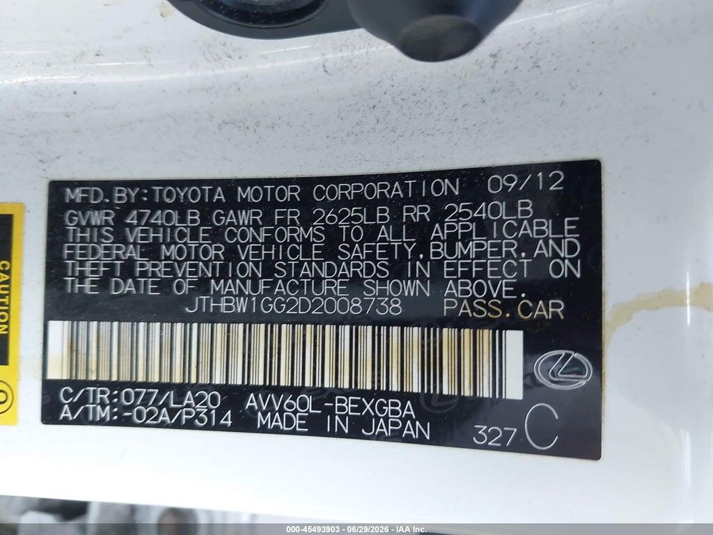 JTHBW1GG2D2008738 2013 LEXUS ES 300H photo no. 9