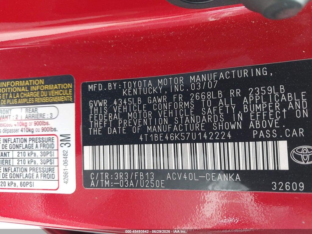 4T1BE46K57U142224 2007 TOYOTA CAMRY photo no. 9