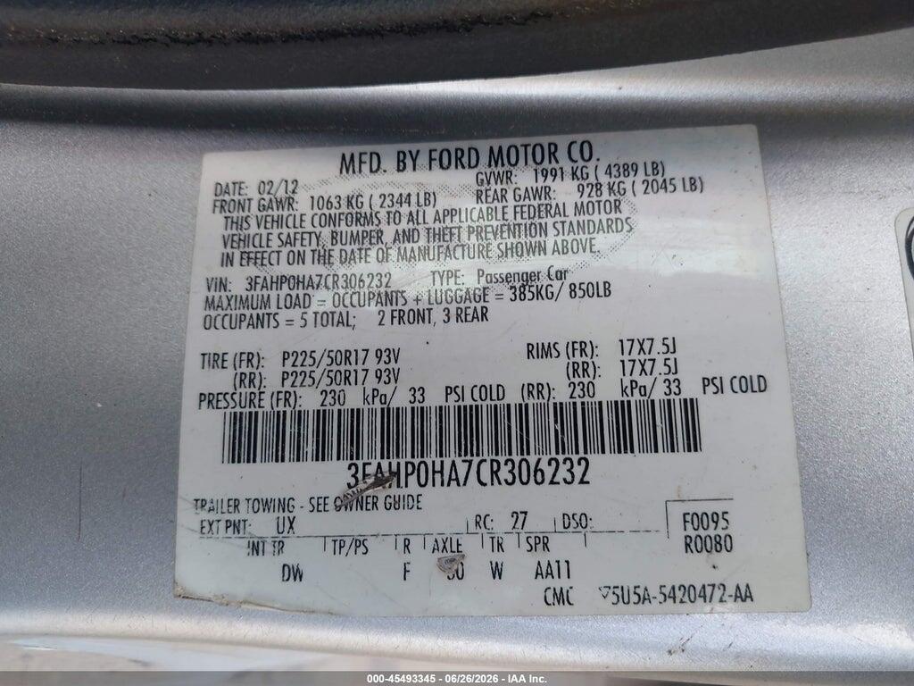 3FAHP0HA7CR306232 2012 FORD FUSION photo no. 9