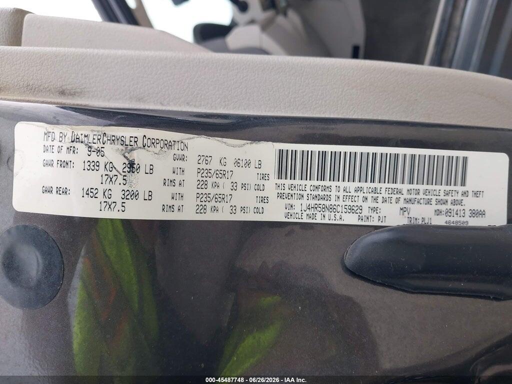 1J4HR58N86C159629 2006 JEEP GRAND CHEROKEE photo no. 9