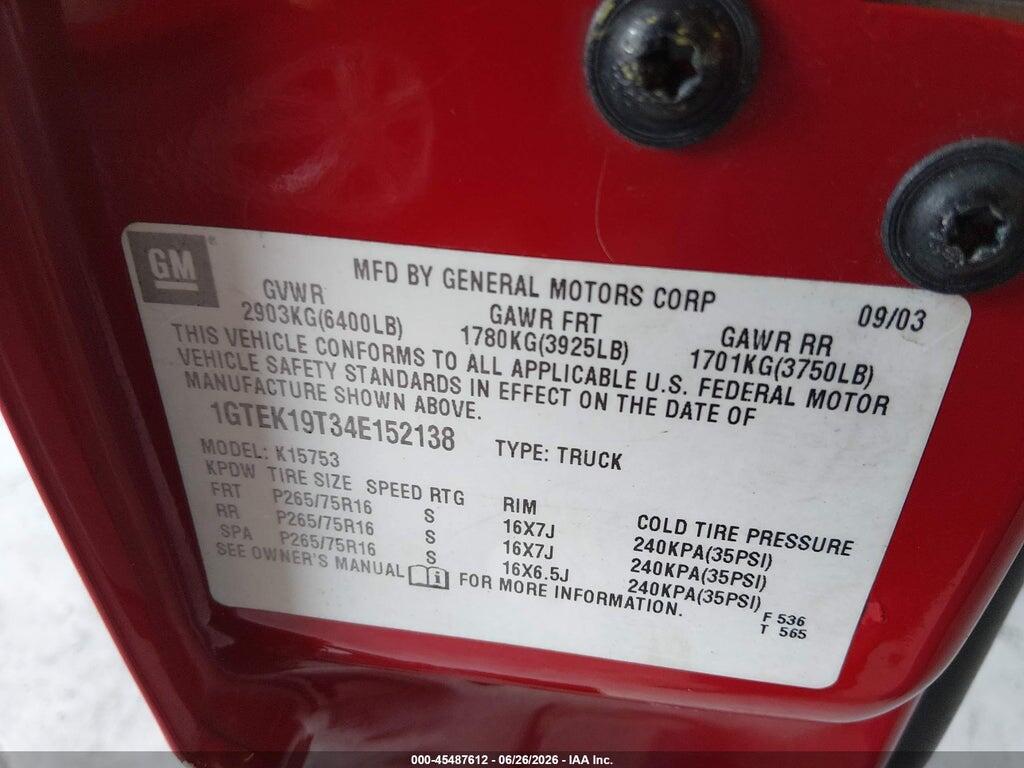 1GTEK19T34E152138 2004 GMC SIERRA 1500 photo no. 9
