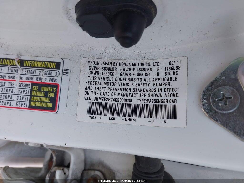JHMZE2H74CS000838 2012 HONDA INSIGHT photo no. 9