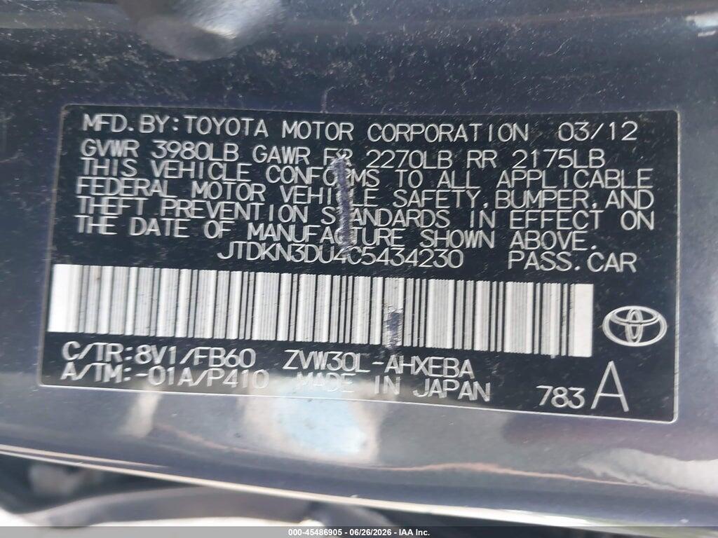 JTDKN3DU4C5434230 2012 TOYOTA PRIUS photo no. 9