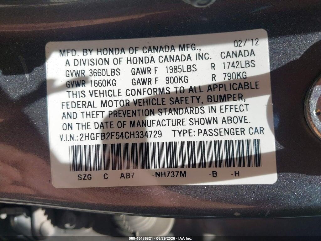 2HGFB2F54CH334729 2012 HONDA CIVIC photo no. 9