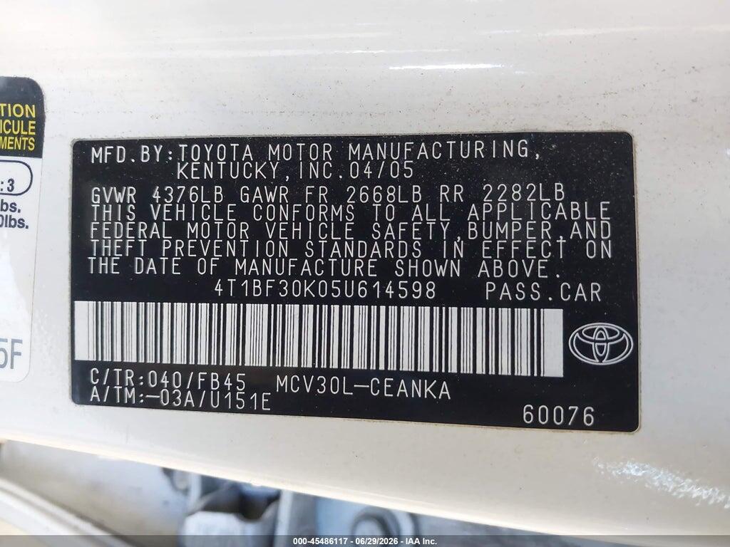 4T1BF30K05U614598 2005 TOYOTA CAMRY photo no. 9