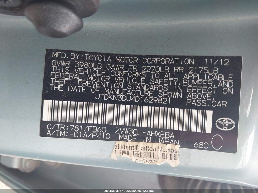 JTDKN3DU4D1629821 2013 TOYOTA PRIUS photo no. 9
