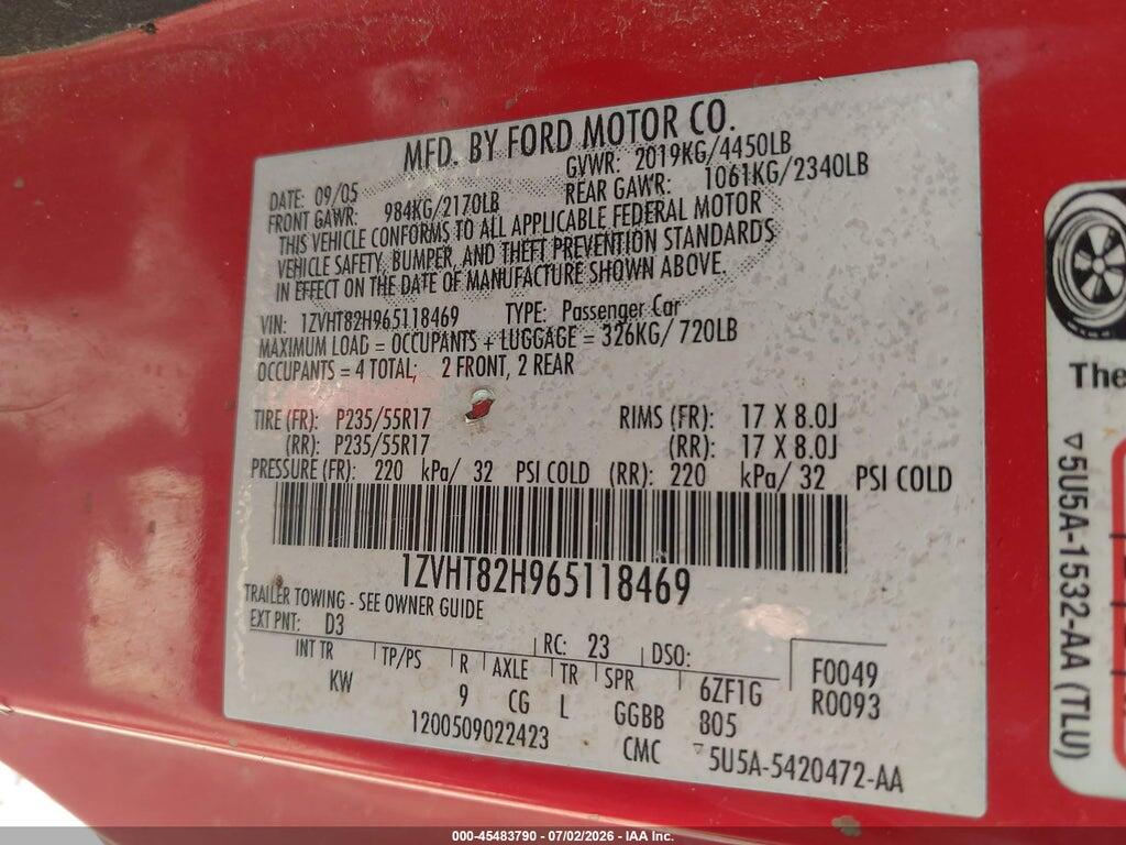 1ZVHT82H965118469 2006 FORD MUSTANG photo no. 9