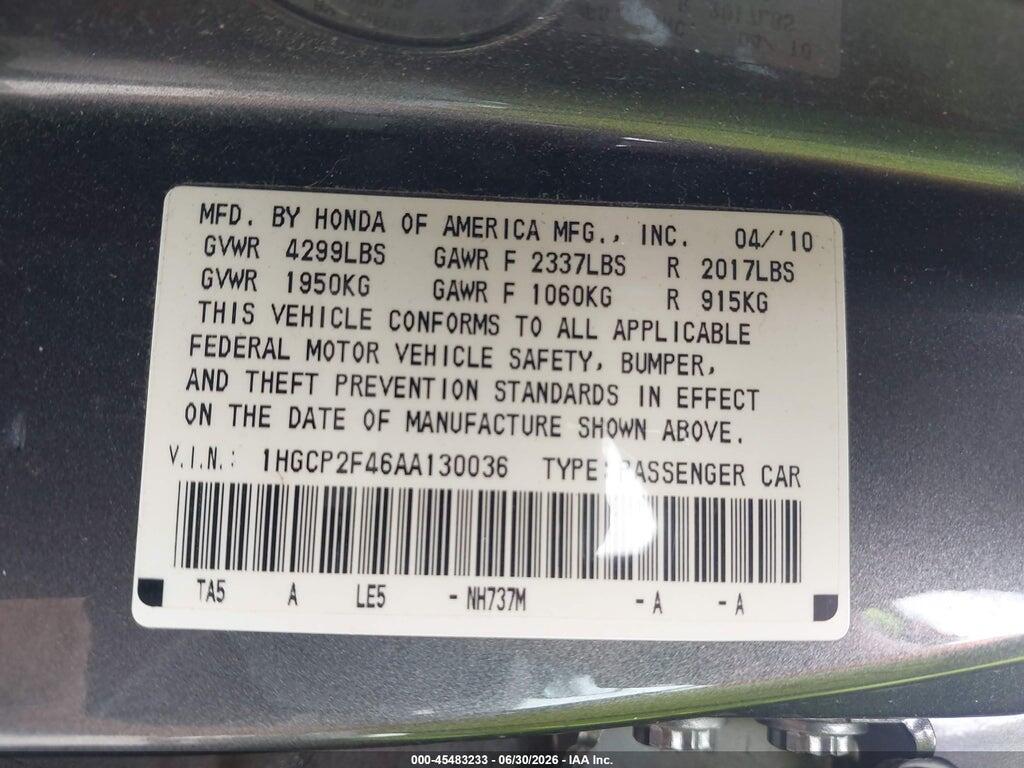 1HGCP2F46AA130036 2010 HONDA ACCORD photo no. 9