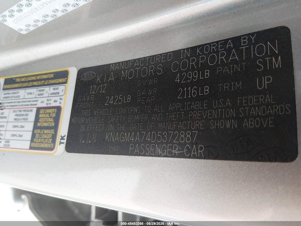 KNAGM4A74D5372887 2013 KIA OPTIMA photo no. 9