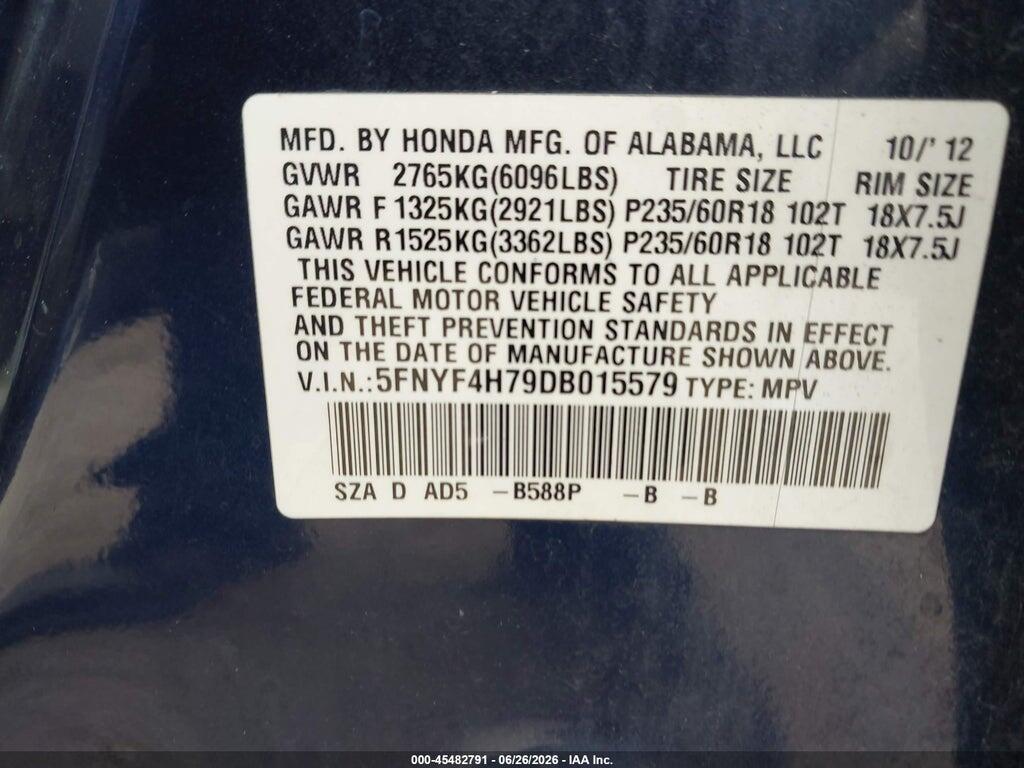 5FNYF4H79DB015579 2013 HONDA PILOT photo no. 9