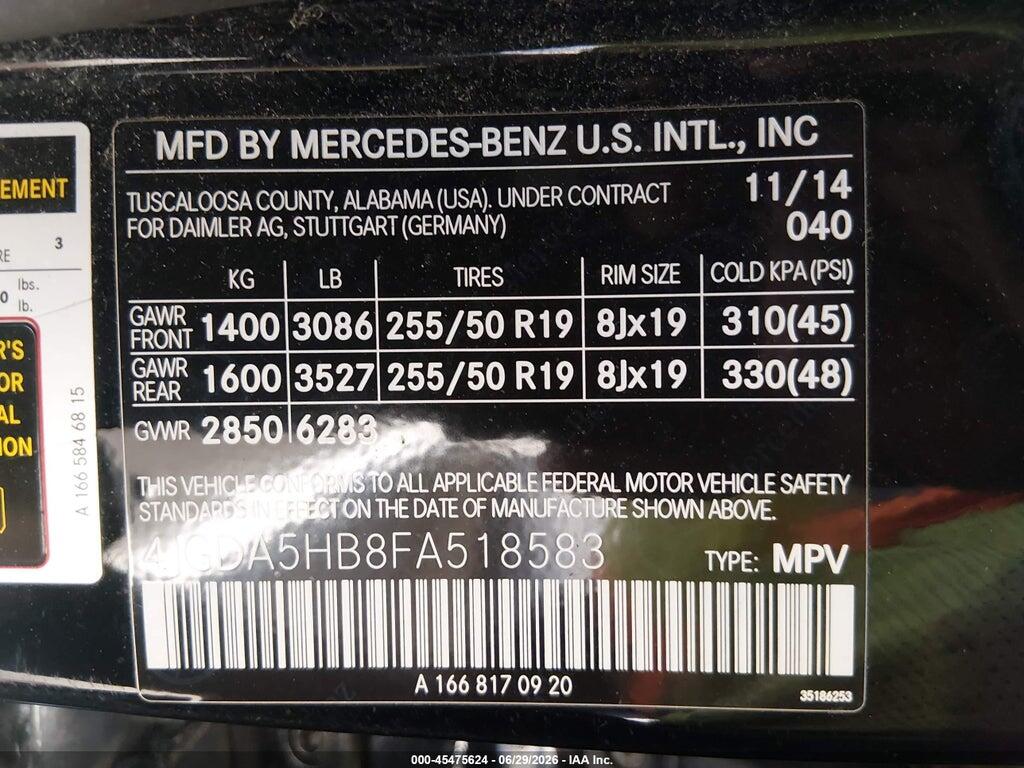 4JGDA5HB8FA518583 2015 MERCEDES-BENZ ML 350 photo no. 9