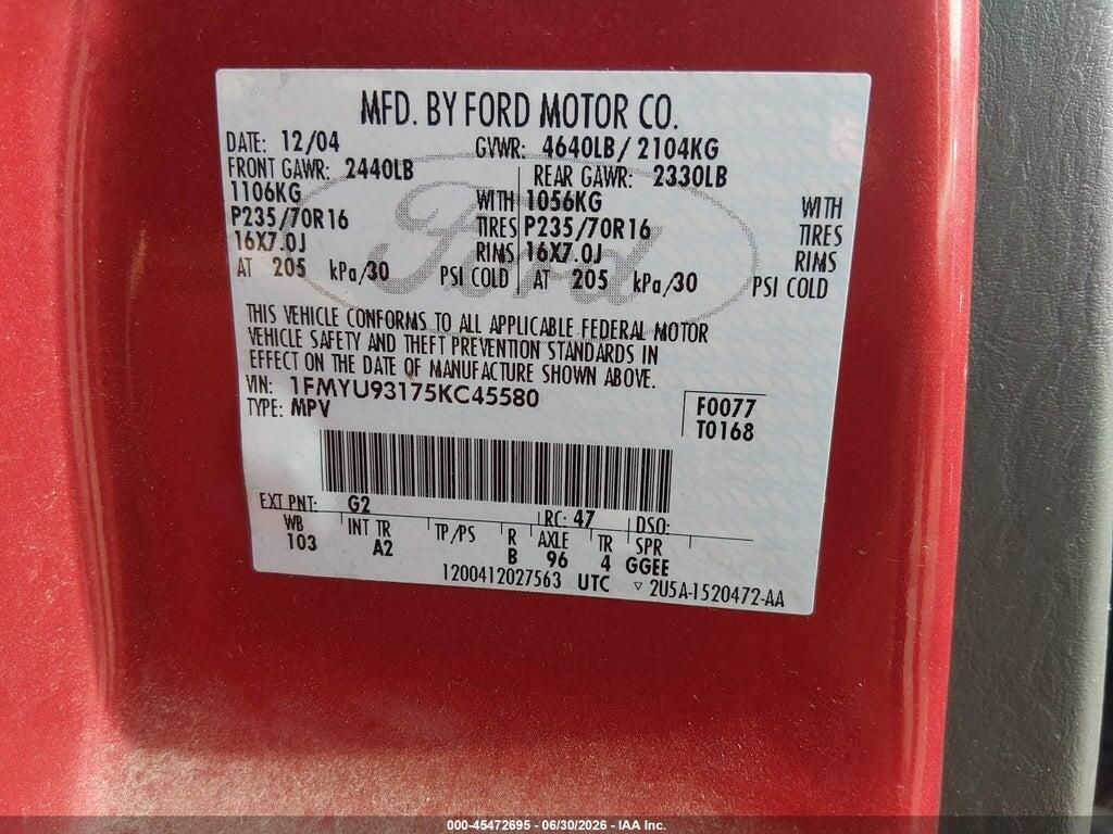 1FMYU93175KC45580 2005 FORD ESCAPE photo no. 9