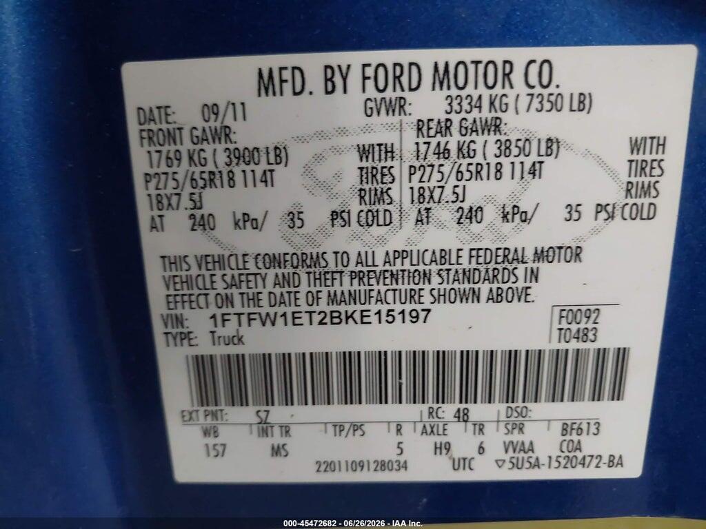 1FTFW1ET2BKE15197 2011 FORD F-150 photo no. 9