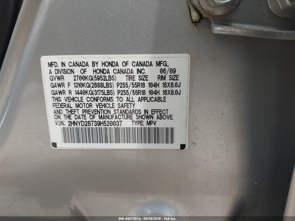 2HNYD28739H520037 2009 ACURA MDX photo no. 9