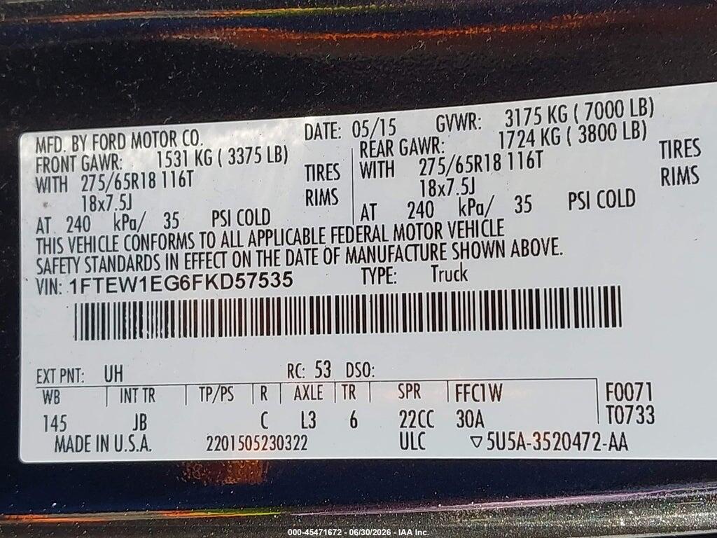 1FTEW1EG6FKD57535 2015 FORD F-150 photo no. 9