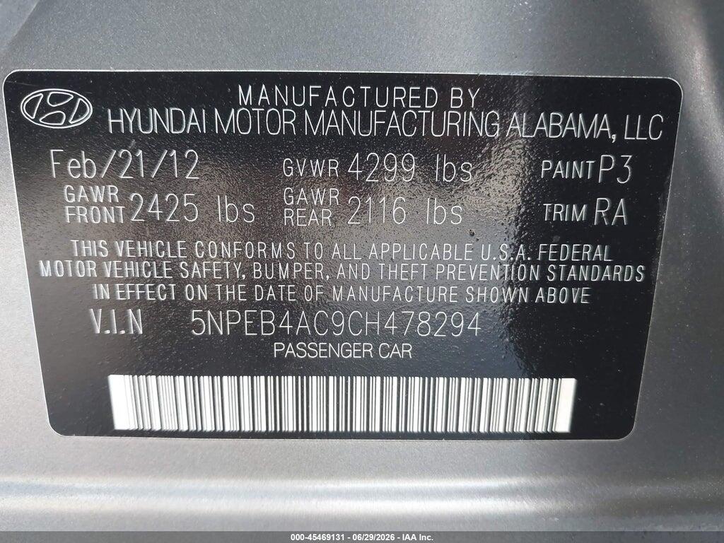 5NPEB4AC9CH478294 2012 HYUNDAI SONATA photo no. 9