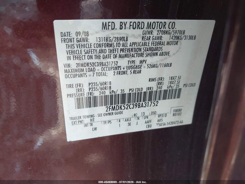 2FMDK52C39BA31752 2009 FORD FLEX photo no. 9