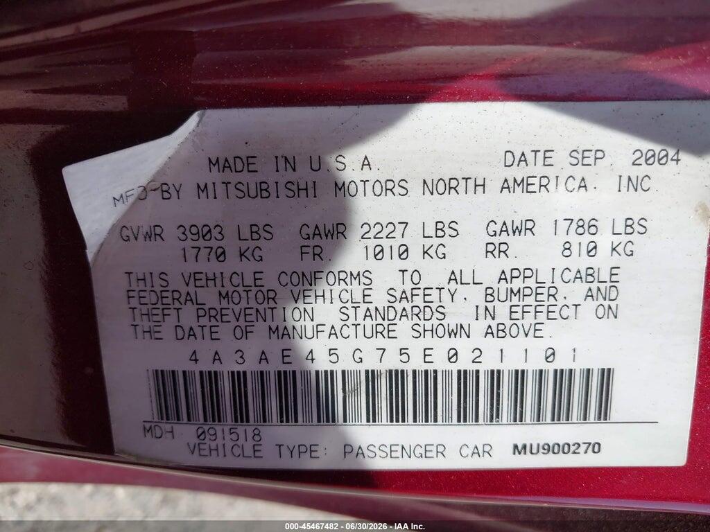 4A3AE45G75E021101 2005 MITSUBISHI ECLIPSE SPYDER photo no. 9