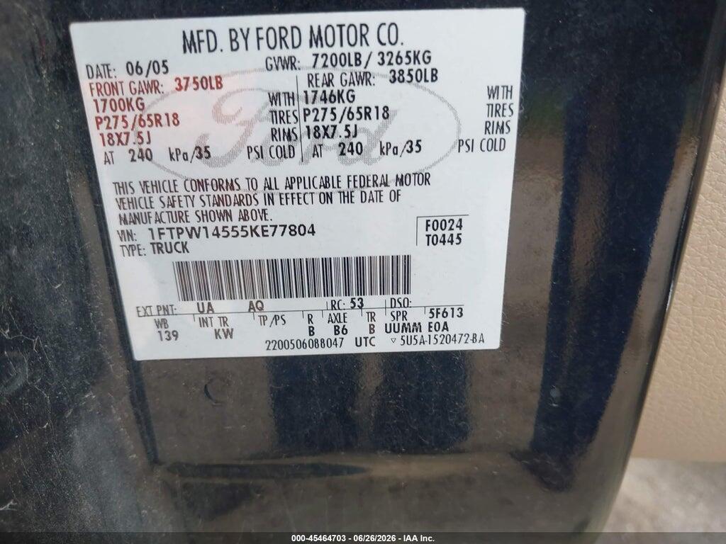 1FTPW14555KE77804 2005 FORD F-150 photo no. 9