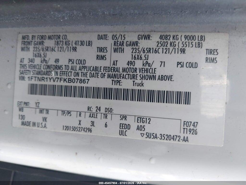 1FTNR1YV7FKB07867 2015 FORD TRANSIT-250 photo no. 9