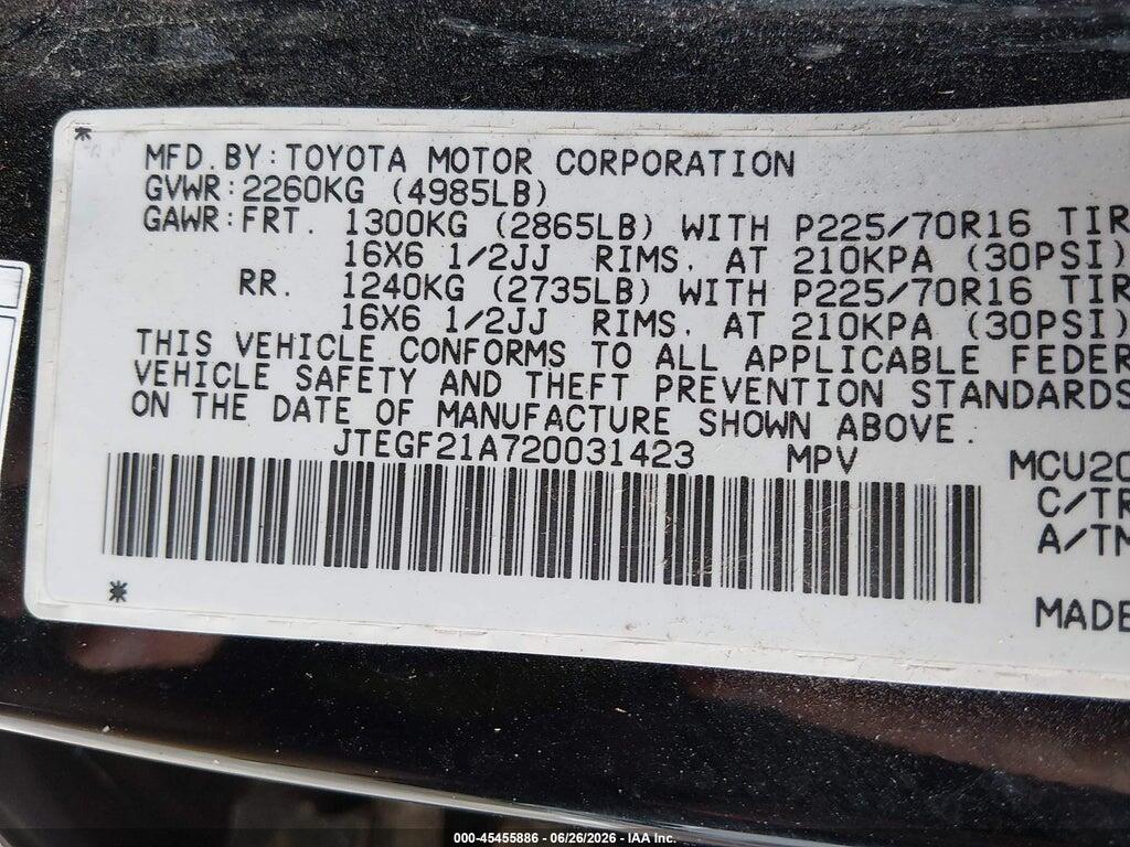 JTEGF21A720031423 2002 TOYOTA HIGHLANDER photo no. 9