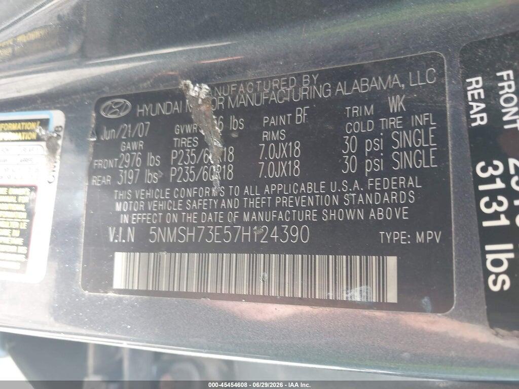 5NMSH73E57H124390 2007 HYUNDAI SANTA FE photo no. 9