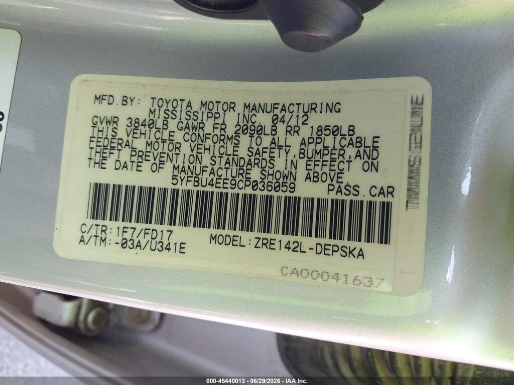 5YFBU4EE9CP036059 2012 TOYOTA COROLLA photo no. 9