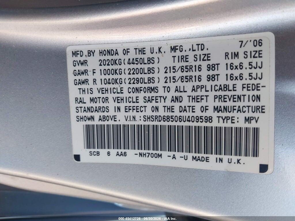 SHSRD68506U409598 2006 HONDA CR-V photo no. 9