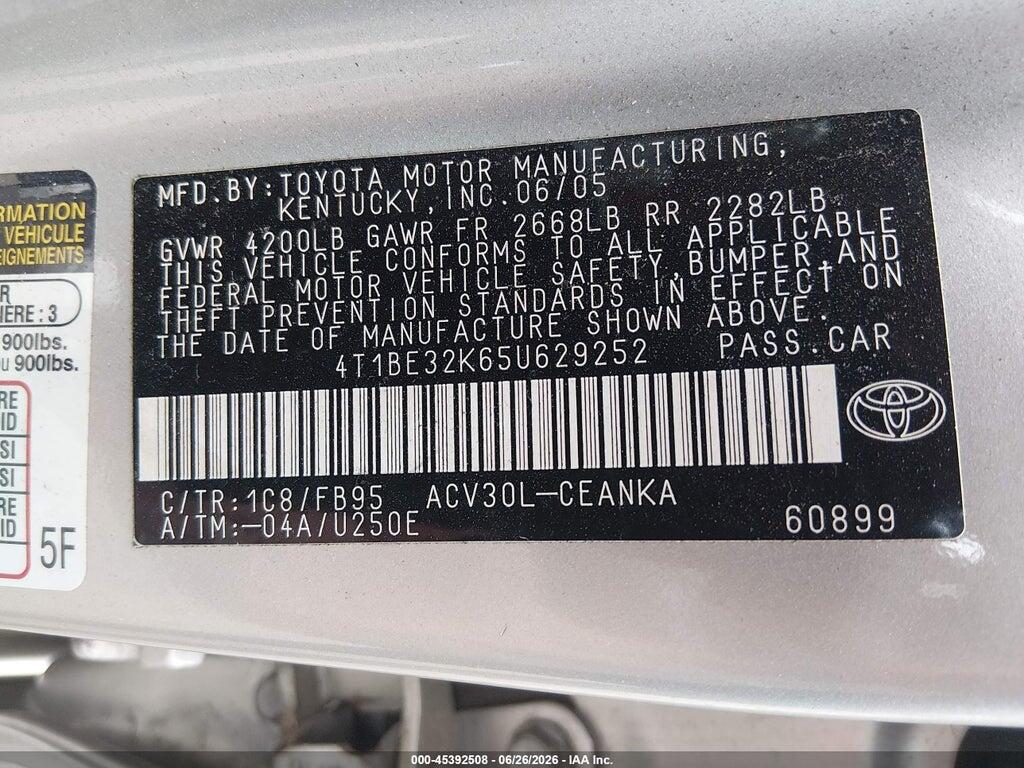 4T1BE32K65U629252 2005 TOYOTA CAMRY photo no. 9