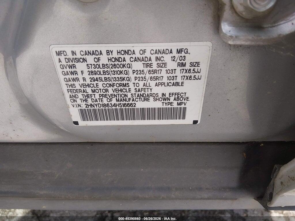 2HNYD18634H516662 2004 ACURA MDX photo no. 9