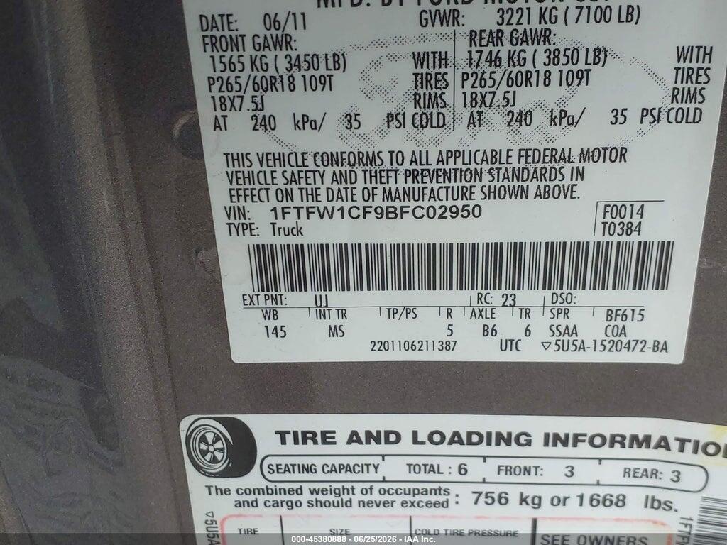 1FTFW1CF9BFC02950 2011 FORD F-150 photo no. 9