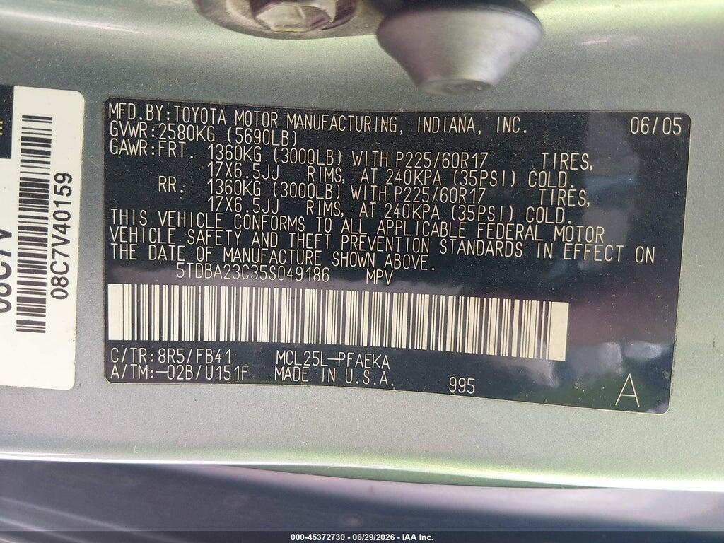 5TDBA23C35S049186 2005 TOYOTA SIENNA photo no. 9