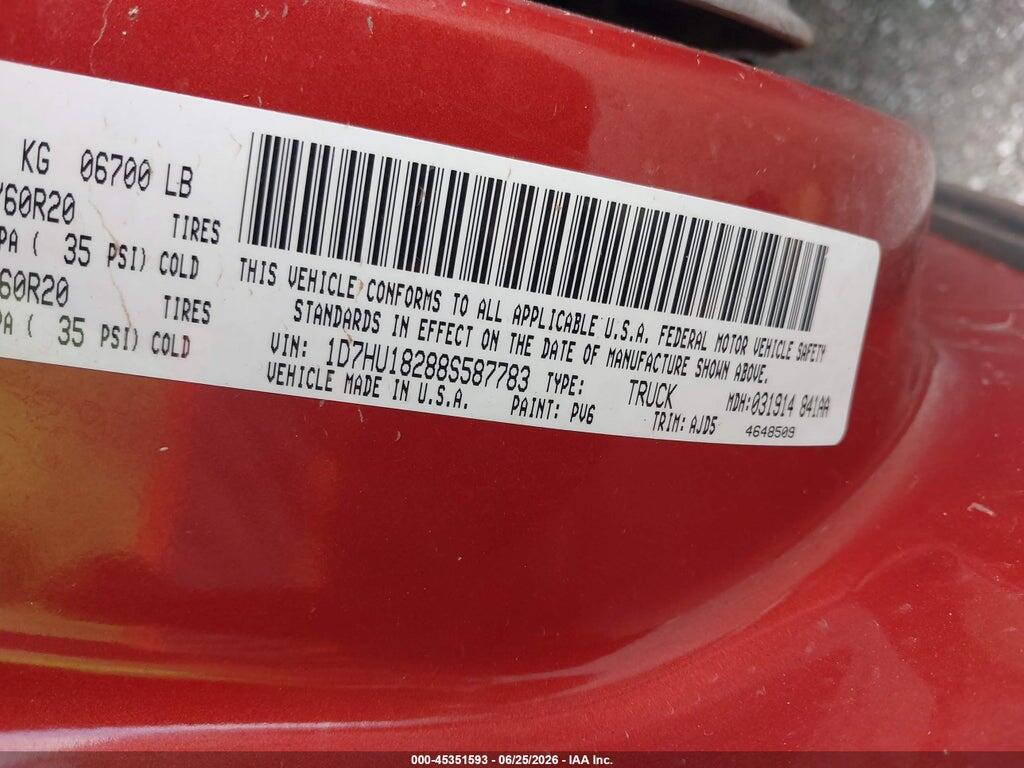 1D7HU18288S587783 2008 DODGE RAM 1500 photo no. 9
