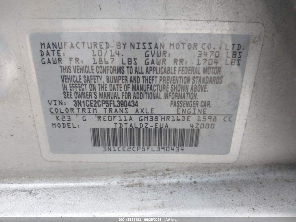 3N1CE2CP5FL390434 2015 NISSAN VERSA NOTE photo no. 9