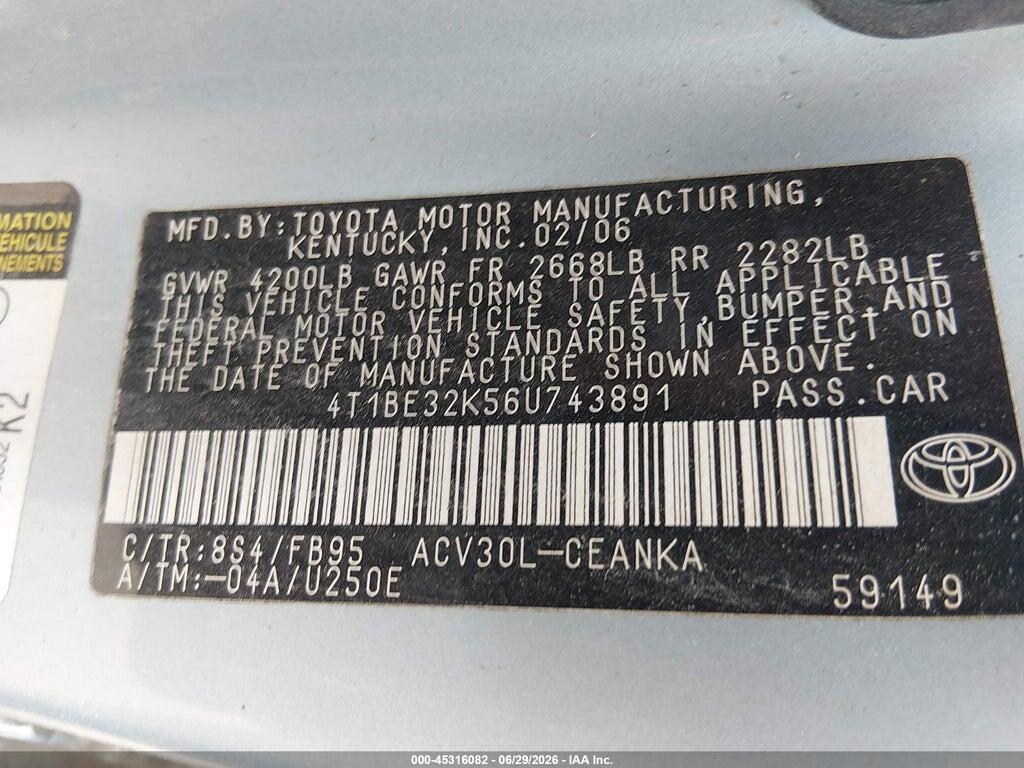 4T1BE32K56U743891 2006 TOYOTA CAMRY photo no. 9