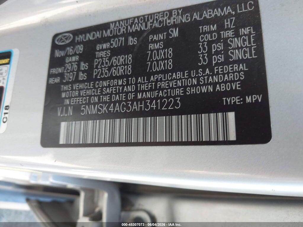 5NMSK4AG3AH341223 2010 HYUNDAI SANTA FE photo no. 9