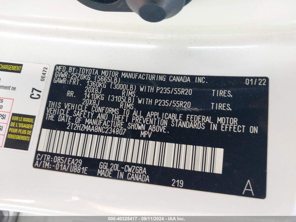 2T2HZMAA8NC234807 2022 LEXUS RX 350 photo no. 9
