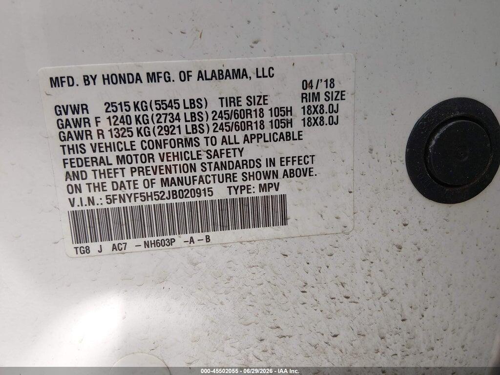 5FNYF5H52JB020915 2018 HONDA PILOT photo no. 9