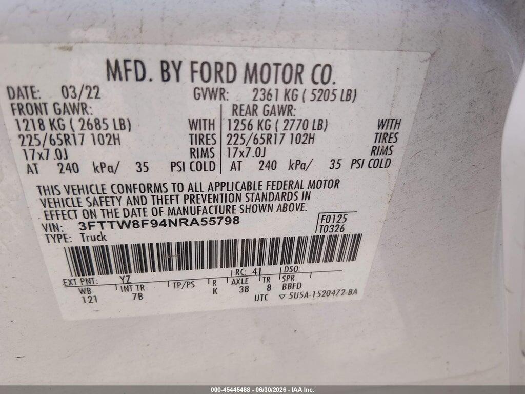 3FTTW8F94NRA55798 2022 FORD MAVERICK photo no. 9